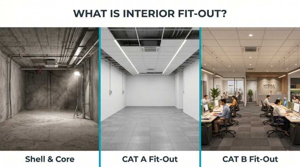 Interior fit-out stages: shell and core, CAT A, and CAT B comparison